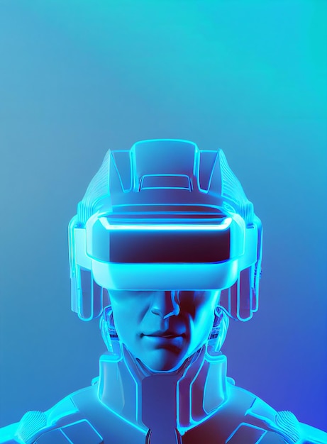 Foto uomo dal futuro un ragazzo che indossa un auricolare da realtà virtuale scifi o un auricolare per un videogioco o un film in neon blu isolato su uno sfondo blu simulazione del mondo della realtà aumentata della realtà virtuale 3d