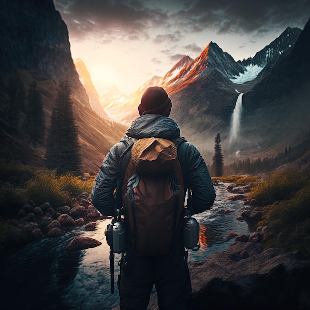 man from behind with backpack and equipment walking in a wonderful natural landscape generative ai