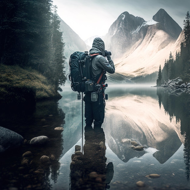 man from behind with backpack and equipment walking in a wonderful natural landscape generative ai