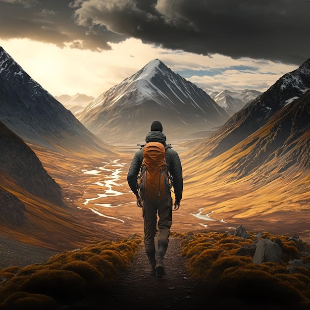 man from behind with backpack and equipment walking in a wonderful natural landscape generative ai