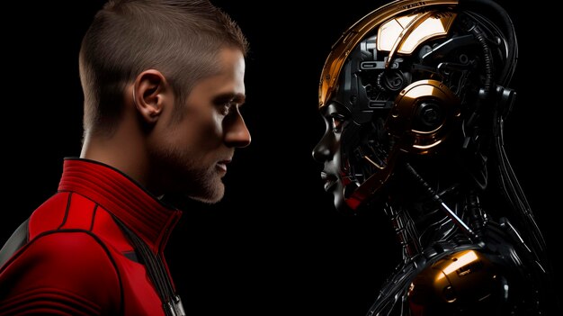 Photo man in front of an artificial intelligence android