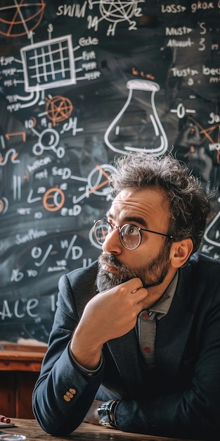 a man in front of a blackboard with the words  g - g  on it