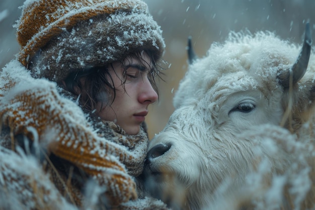 a man in front of a bull in winter in nature