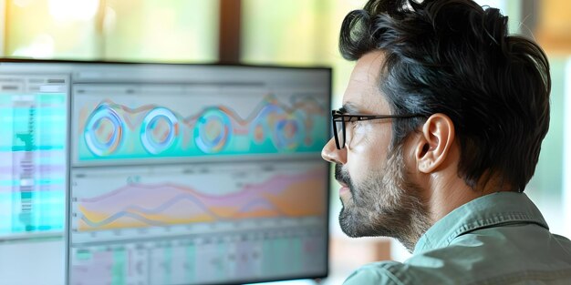 Man in front of computer screen with data displayed Concept Technology Data Analysis Working from Home Computer Screen Business Analytics