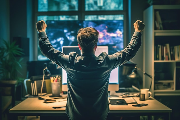 A man in front of a computer with his hands up in the air.