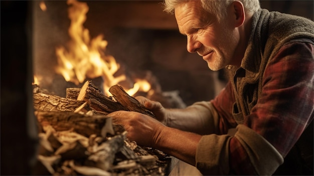 A man in front of a fireplace with a fire in the background.