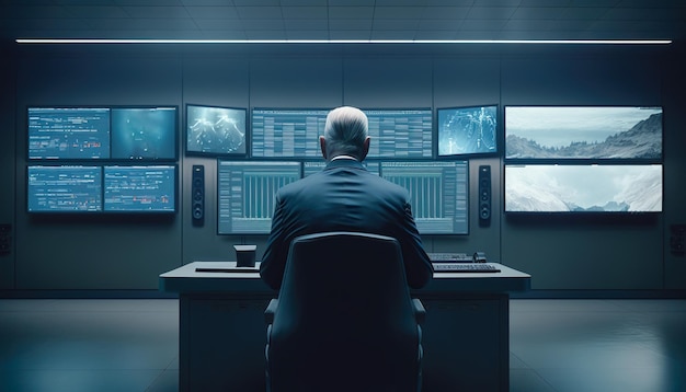 制御室のスクリーンを備えた大型パネルの前にいる男性 監視と保護 ジェネレーティブ AI