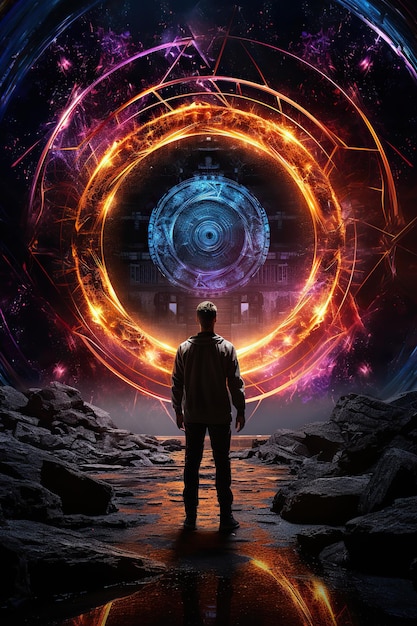 man in front of portals to fantasy dimensions that radiate power and energy dramatic saturated high contrast powerful glowing edges game and dream concept