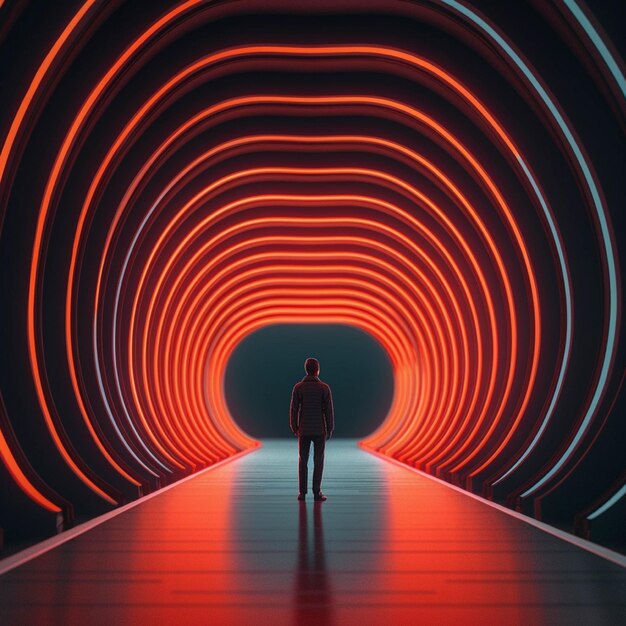 Man in front of a tunnel with glowing neon lights 3d rendering