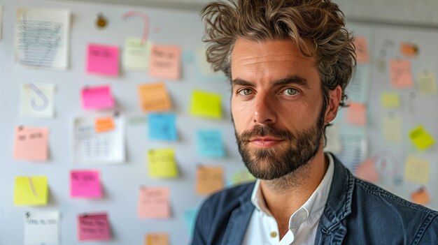 Man in front of wall with sticky notes