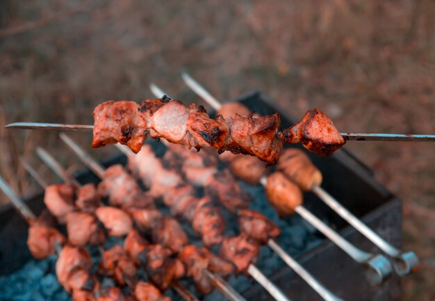 Man frying shish kebab on the grill. Hands closeup outdoors.