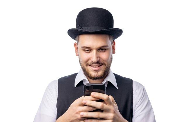 Man in funny oldfashioned hat black