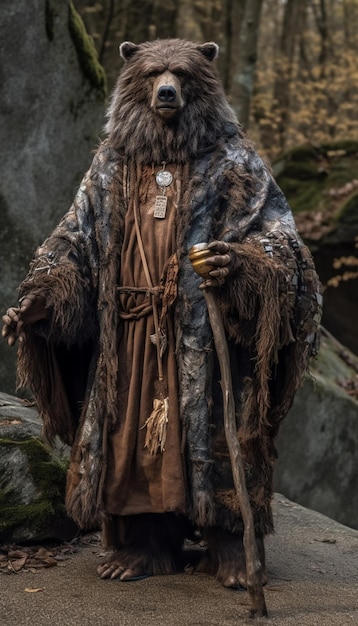 A man in a fur coat stands in front of a rock.