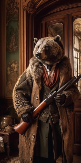 A man in a fur coat with a gun and a bear on it.