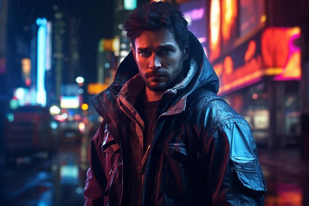 A man in futuristic city gangster look in a cyberpunk neon painting generated by ai