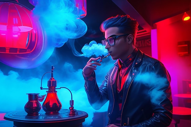 Man in futuristic glasses smokes a hookah and blows a cloud of smoke in a shisha bar with red and blue neon lights