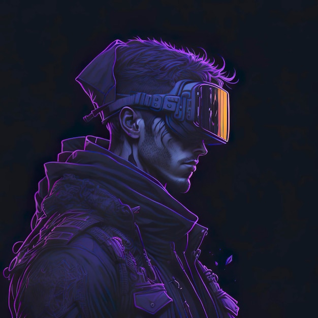 A man in a futuristic glasses with the word cyberpunk on the front.