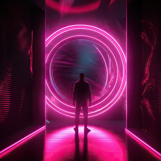 Man in a futuristic room with neon lights