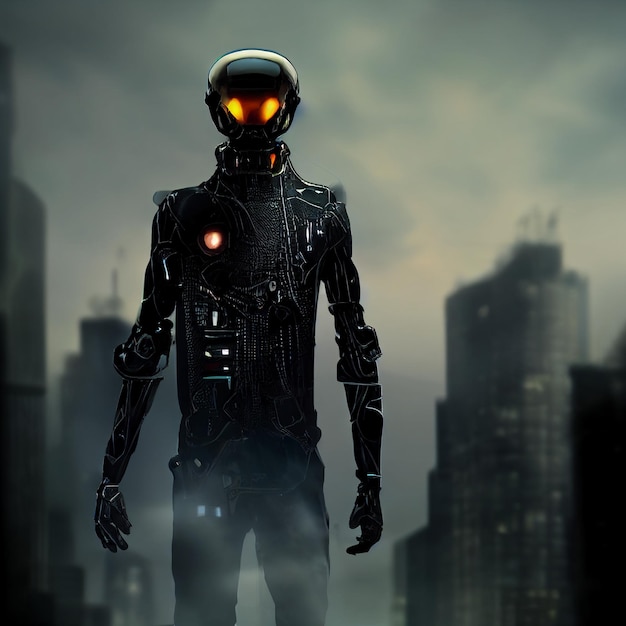 Человек в футуристическом костюме стоит перед городским генеративным искусственным интеллектом
