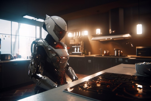 キッチンのコンロの前に立つ未来的なスーツを着た男性 ジェネレーティブ AI