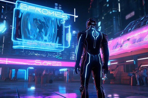 Photo a man in a futuristic suit stands in the street in front of a neon sign that says cyberpunk