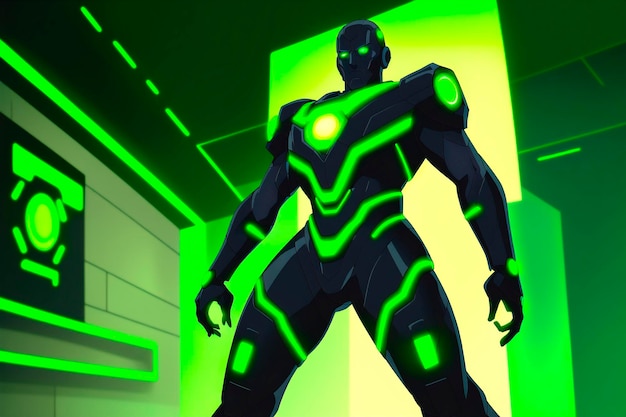 Man in a futuristic suit with glowing green eyes in front of a dark background Generative AI