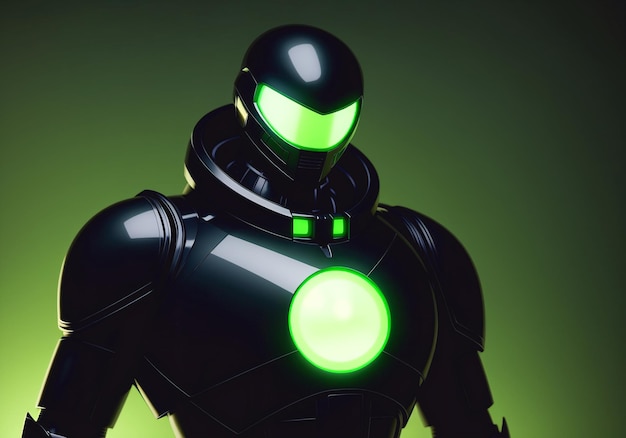 Man in a futuristic suit with glowing green eyes in front of a dark background Generative AI