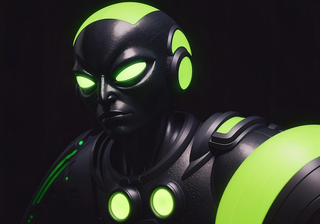 Man in a futuristic suit with glowing green eyes in front of a dark background Generative AI