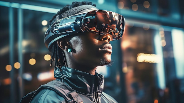 Man in futuristic virtual reality headset or glasses standing on the street near glass building