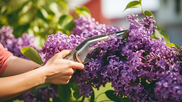 Man in the garden with scissors and flowers in the garden