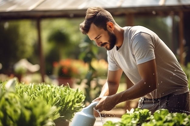 Man gardener working in a greenhouse and watering plants Generative AI