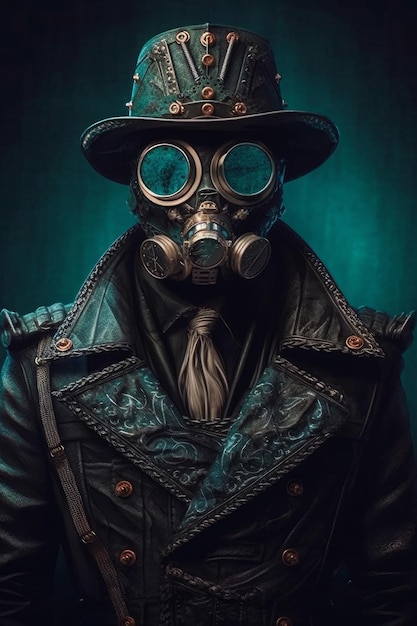 A man in a gas mask and a hat with the word gas on it