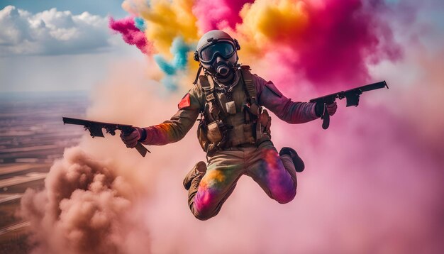 a man in a gas mask is flying a colorful cloud