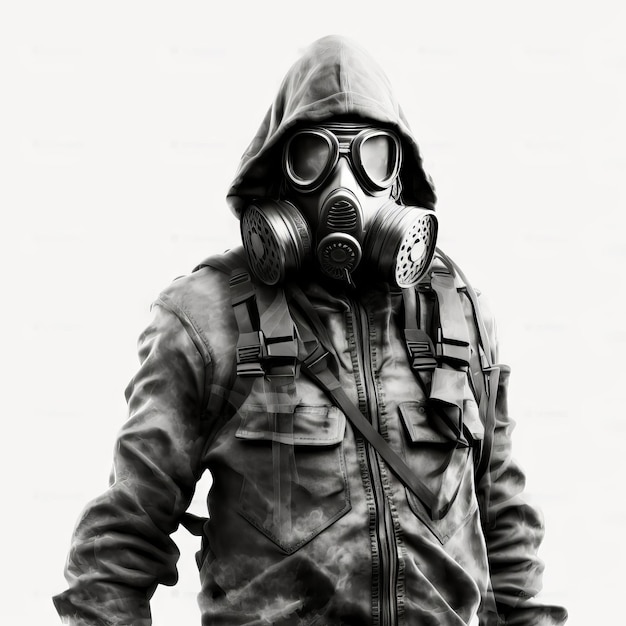 Man in gas mask and jacket Isolated on white background Generative AI