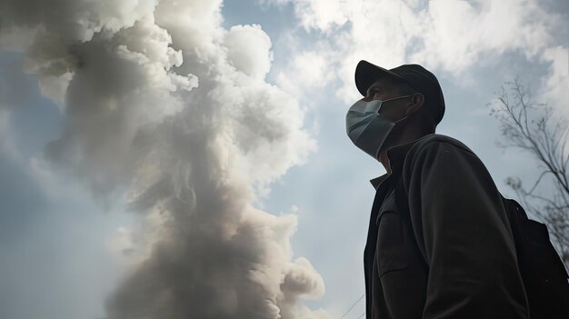 Человек в газовой маске смотрит на промышленный дымоход, излучающий токсичный дым в небо.
