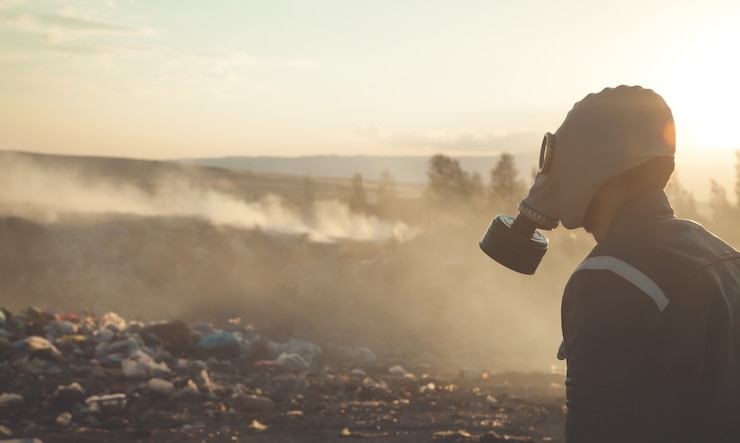 Photo man in gas mask in outdoors. stop environmental pollution

