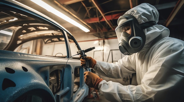 A man in a gas mask paints a car in a garage