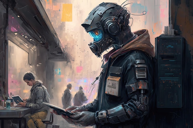 A man in a gas mask reads a tablet in a cyberpunk city.