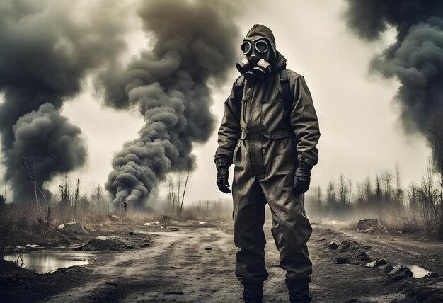 Photo the man in the gas mask of smoke stalker