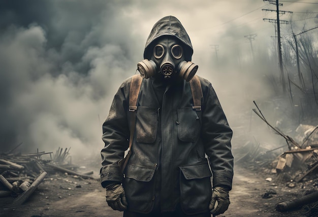 Photo the man in the gas mask of smoke stalker