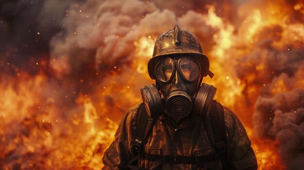 Man in Gas Mask Standing in Front of Fire