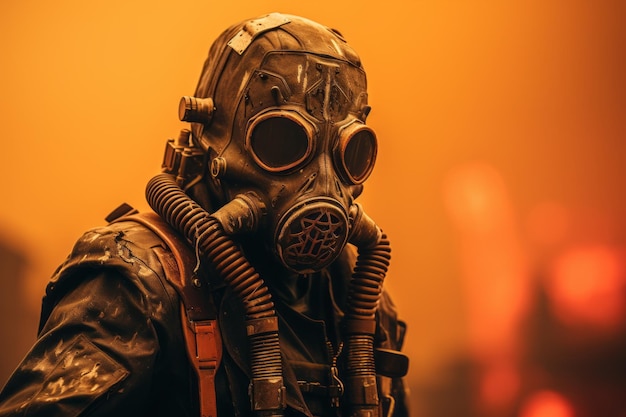 오렌지색 배경 앞에 서 있는 가스 마스크를 입은 남자