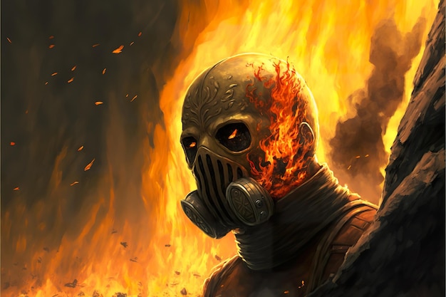 A man in a gas mask stands in a blazing fire