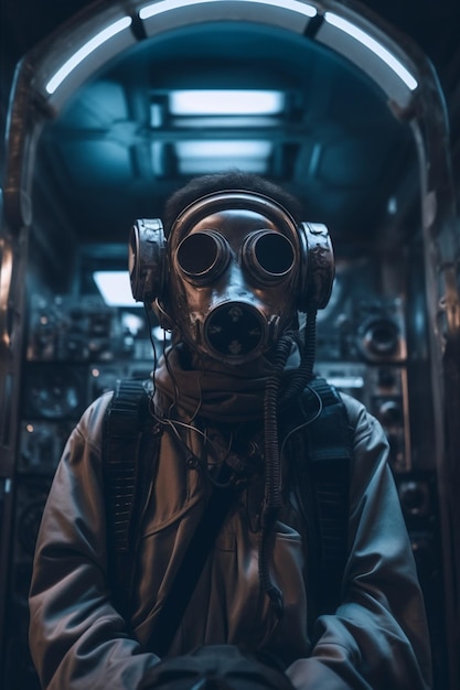 A man in a gas mask stands in a dark room with a dark background.