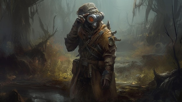A man in a gas mask stands in a forest with a pond in the background.