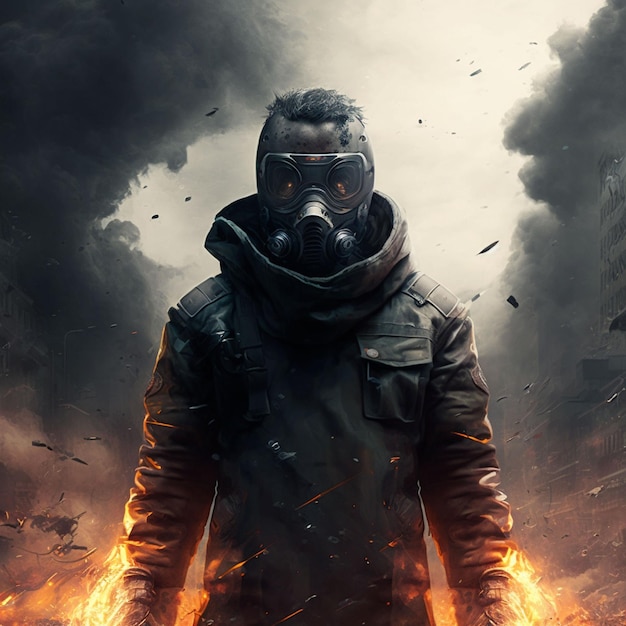 A man in a gas mask stands in front of a burning building.