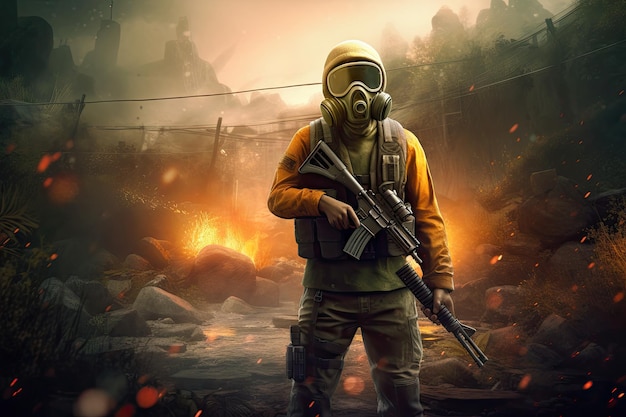 A man in a gas mask stands in front of a burning building.