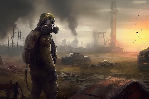 A man in a gas mask stands in front of a polluted city.