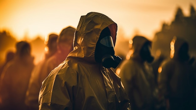 A man in a gas mask stands in front of a sunset.