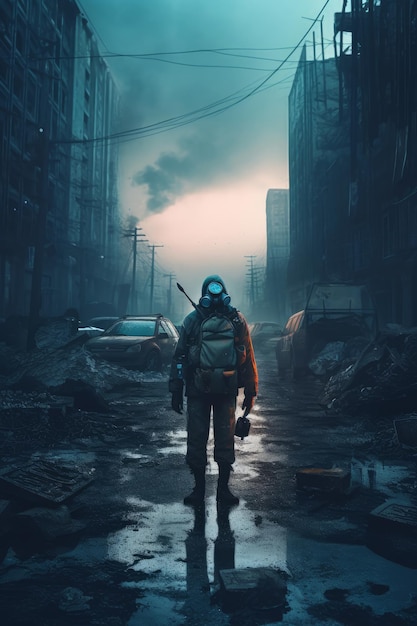 A man in a gas mask stands in a ruined city.
